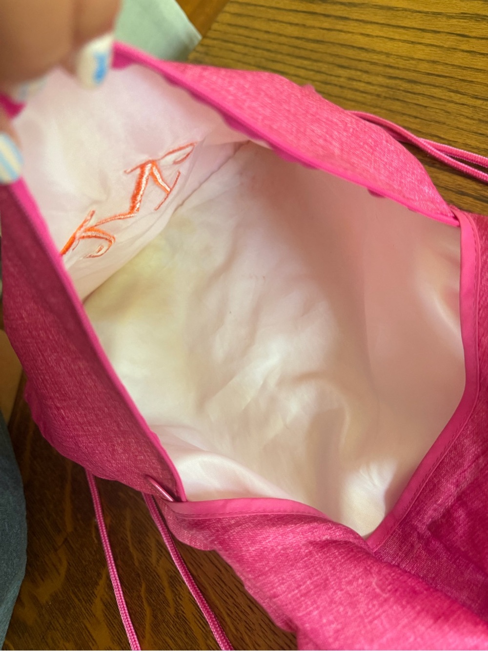 Pink Drawstring Backpack with Orange Monogram - Picture 2 of 4